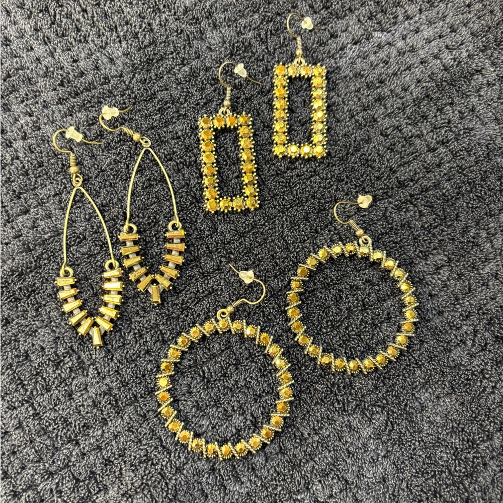 Brass Tone Crystal Hoop and Dangle Earrings Set